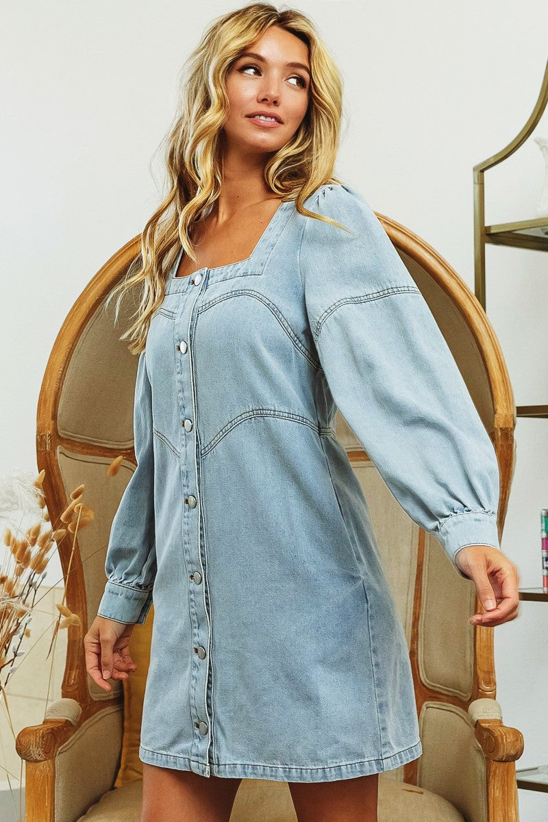 Tied Square Neck Long Sleeve Denim Dress with Pockets