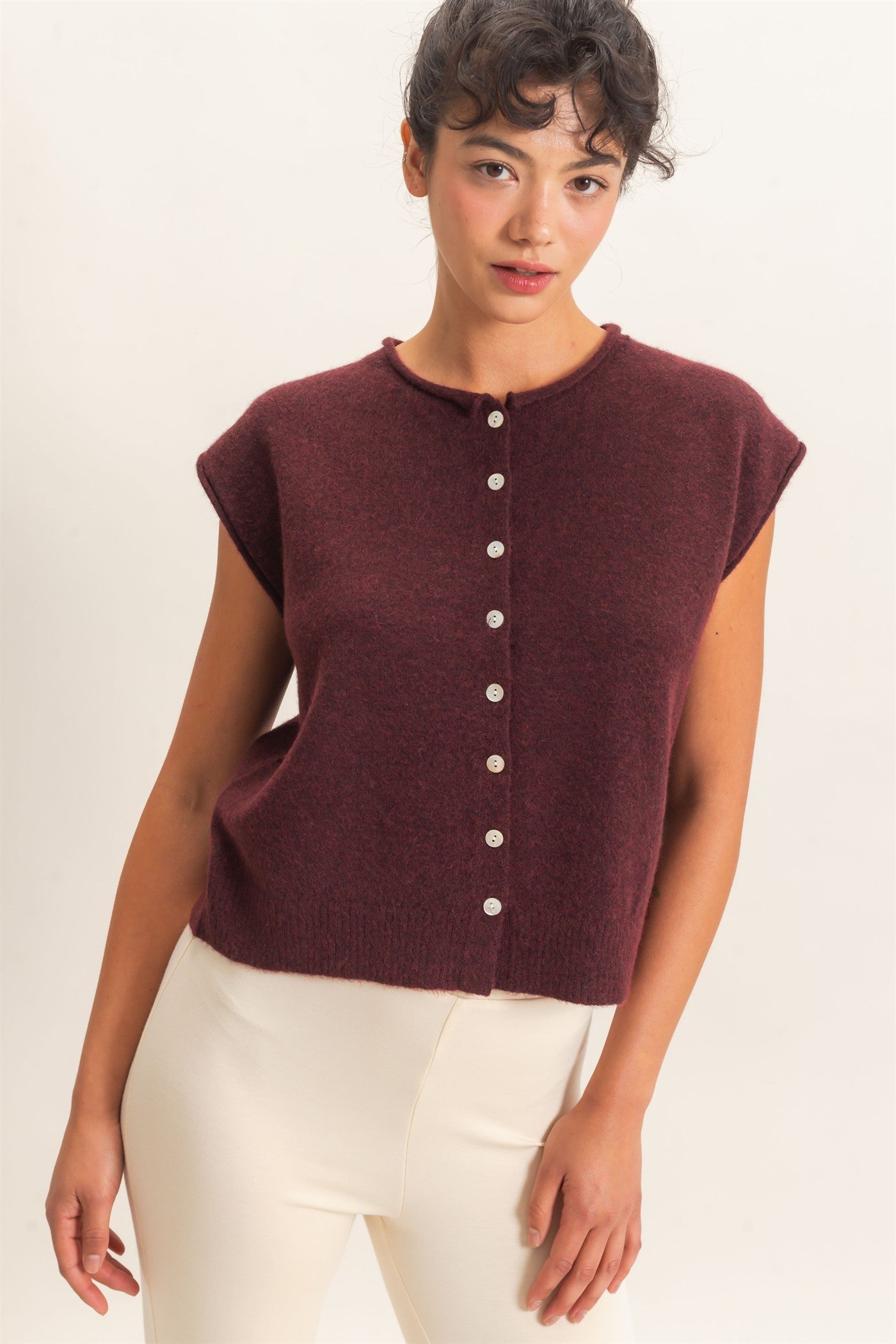 HF Rolled Edge Button Front Sweater Vest