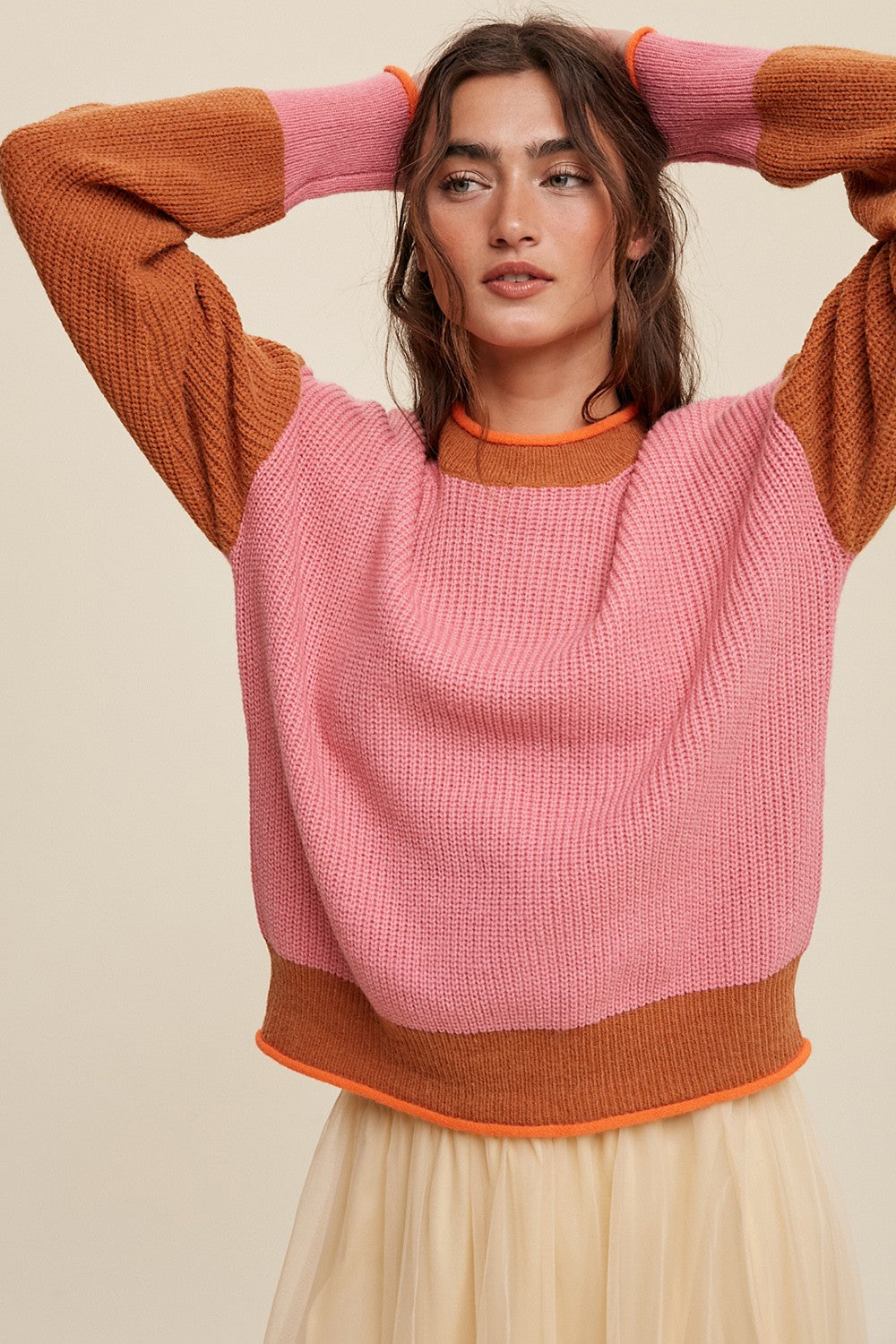 LS Ribbed Colorblock Pink Sweater