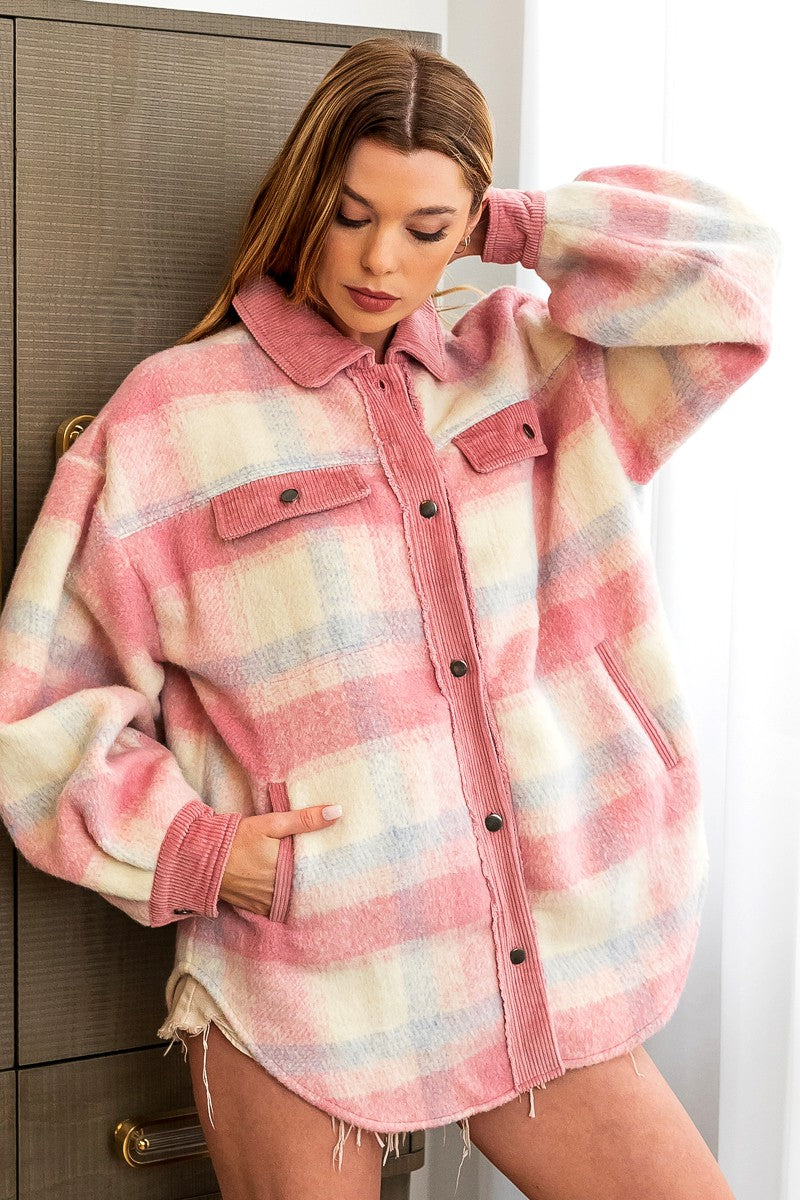 BB Blush Corduroy Brushed Plaid Shacket