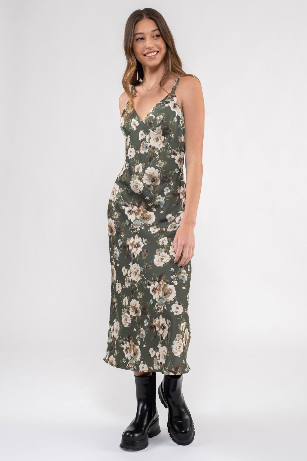 Floral Satin Midi Dress