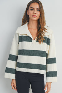 BM Wide Collar Stripe Vneck Sweater