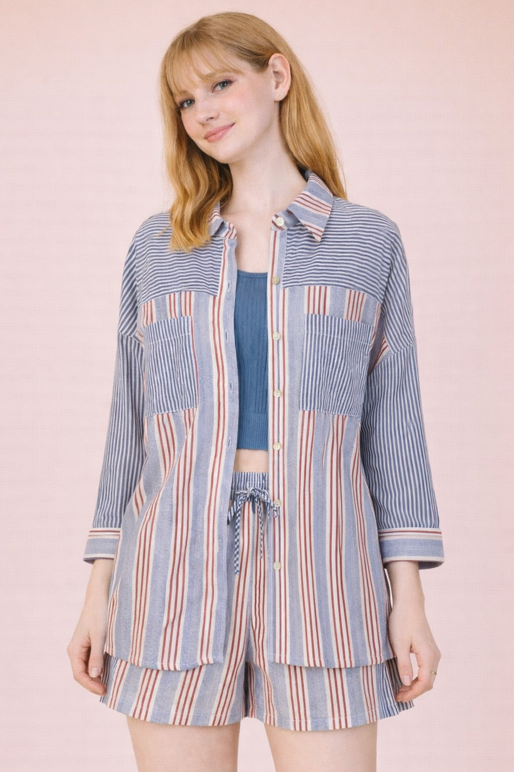 VJ Stripe Woven Top & Shorts Set