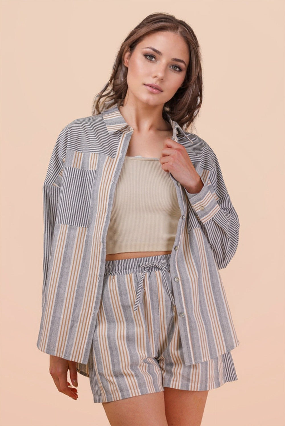 VJ Stripe Woven Top & Shorts Set