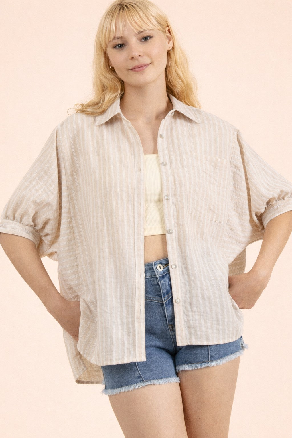 VJ Stripe Half Puff Sleeve Top