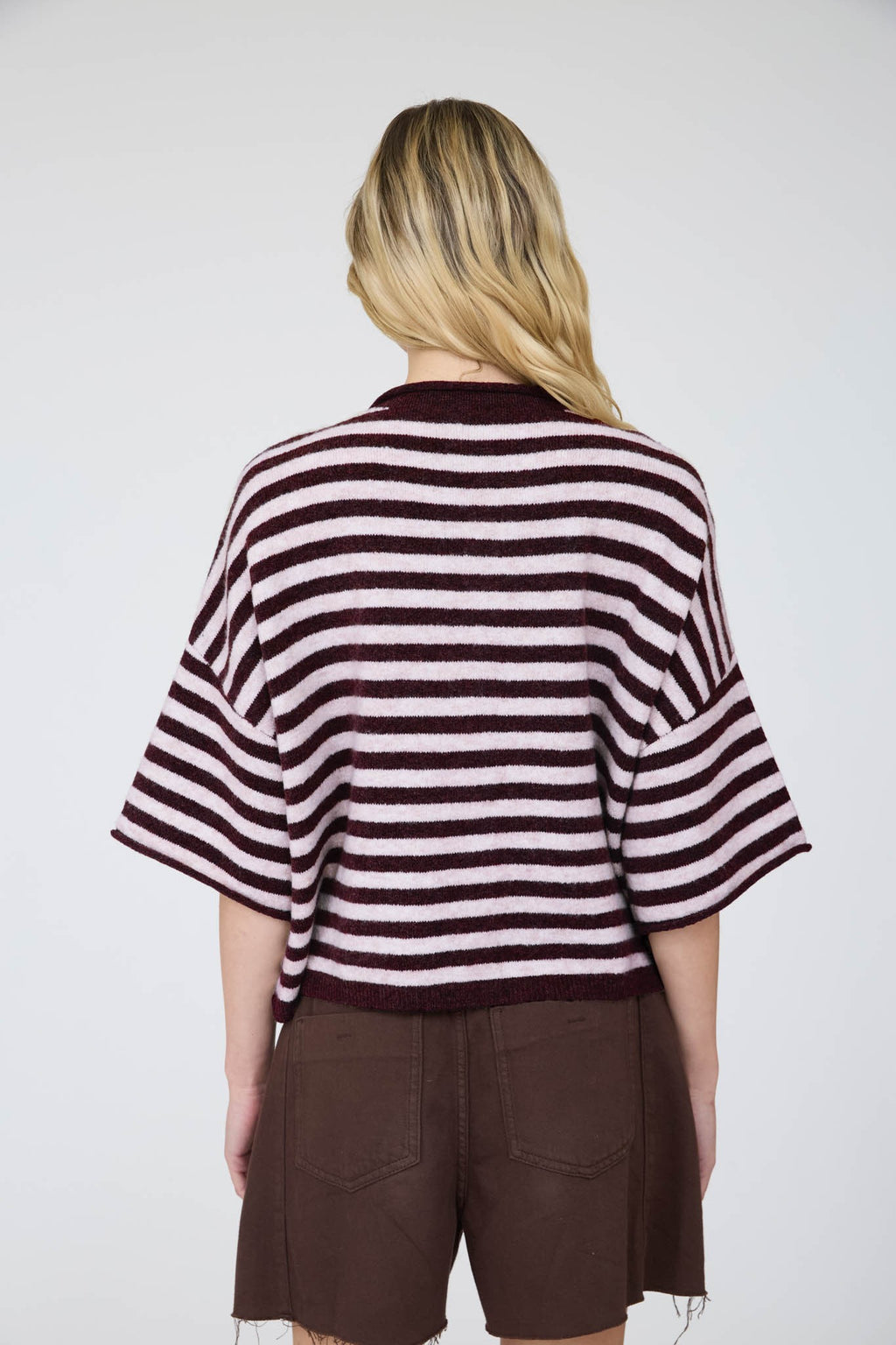 BP Stripe Raw Edge SS Button Cardigan