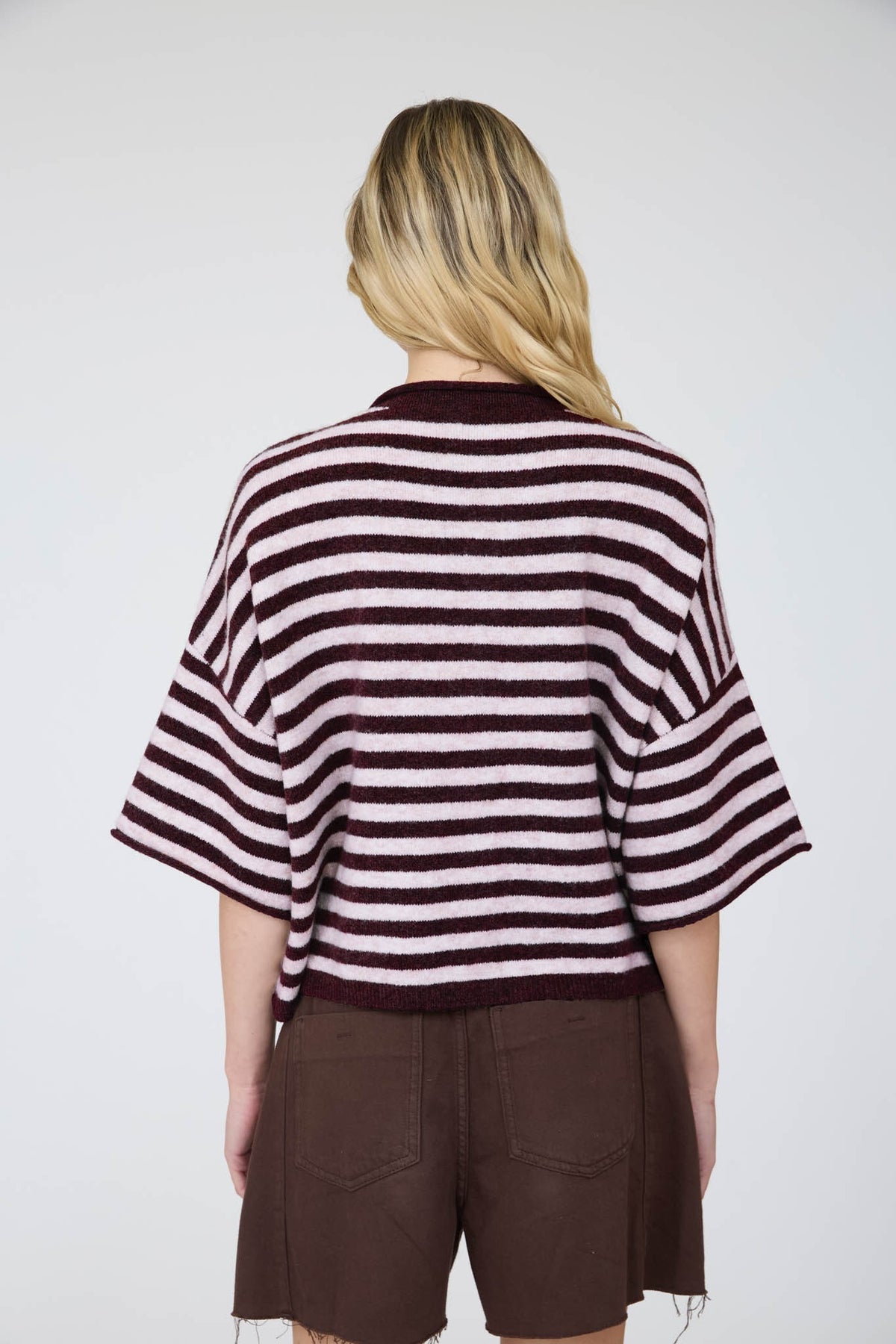 BP Stripe Raw Edge SS Button Cardigan