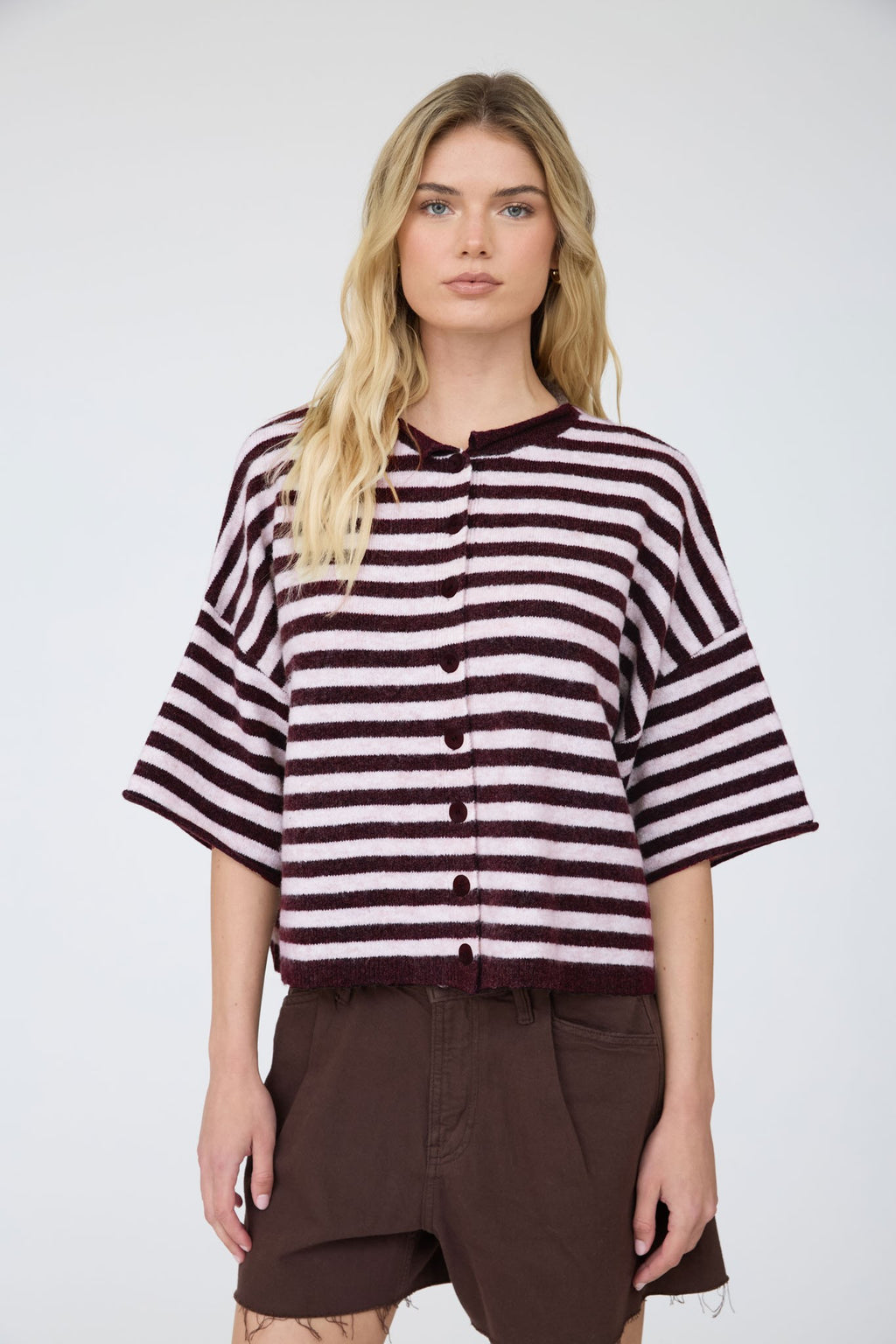 BP Stripe Raw Edge SS Button Cardigan