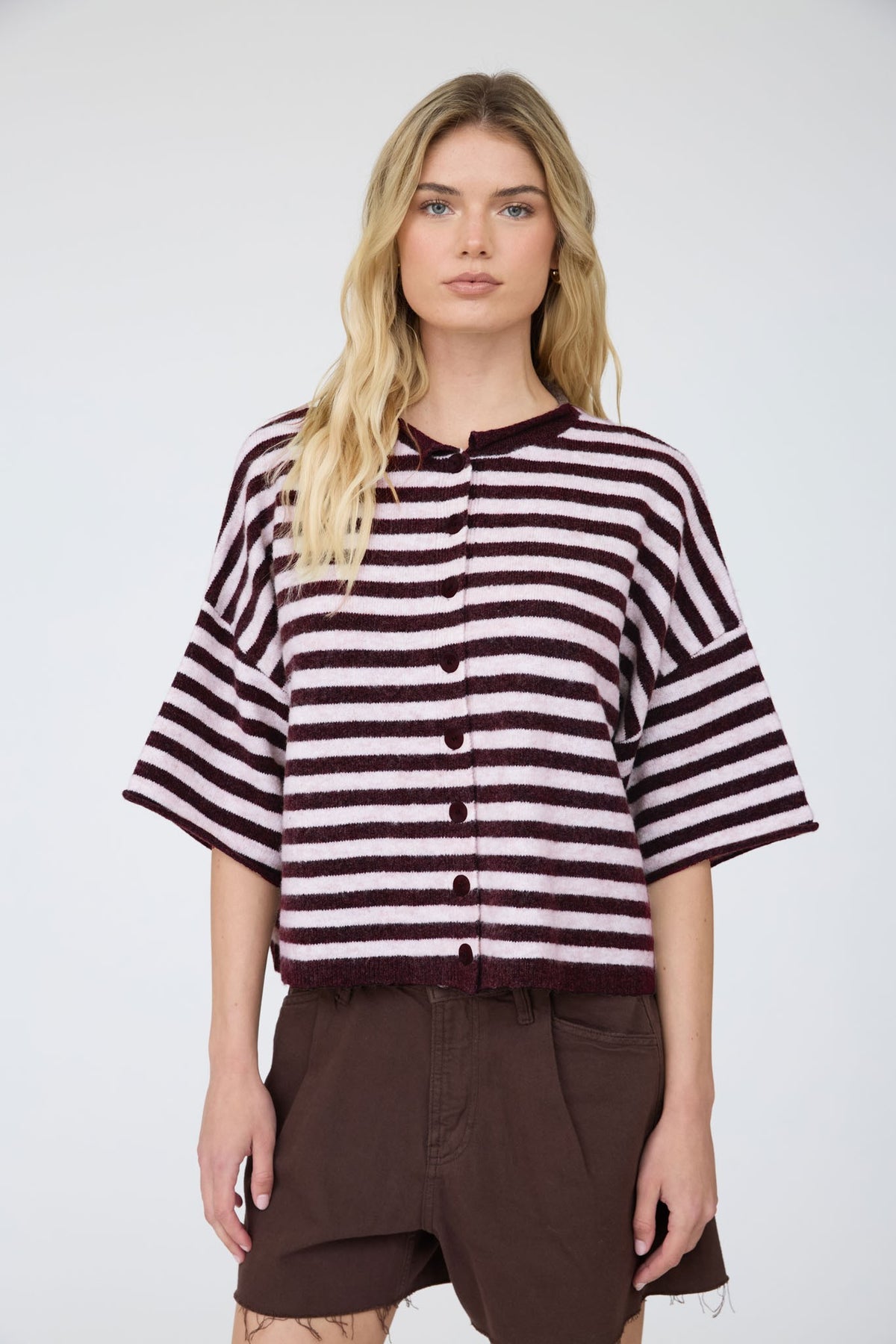 BP Stripe Raw Edge SS Button Cardigan