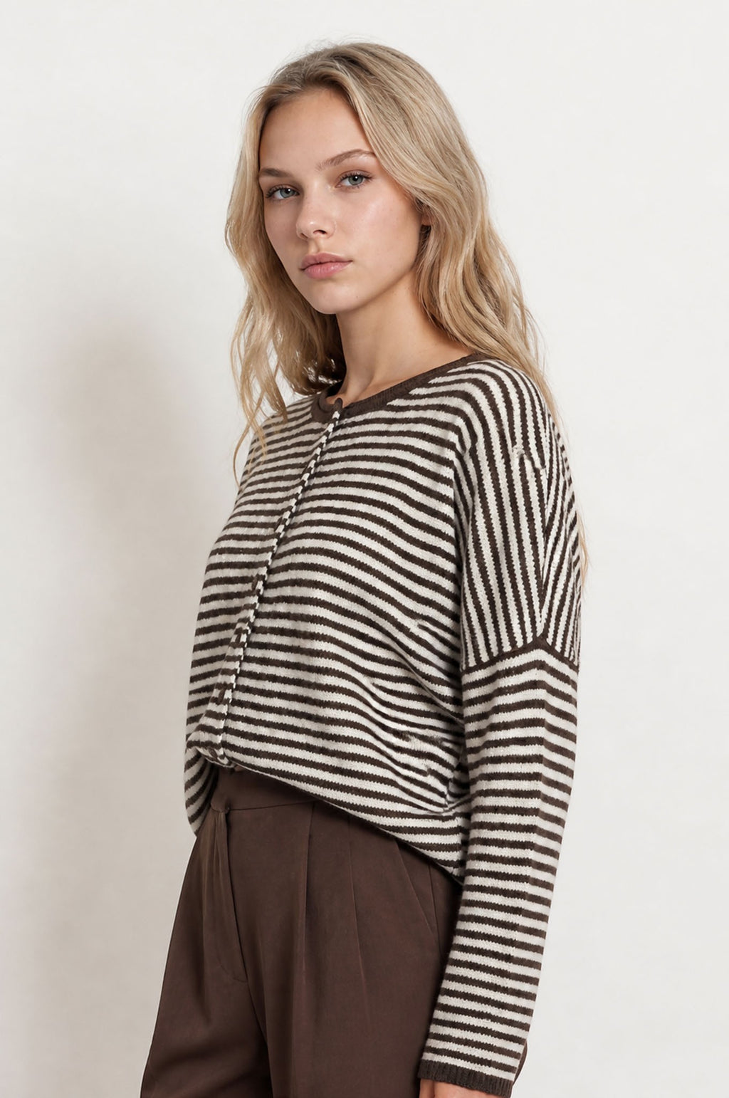 BP Stripe Raw Edge Drop Shoulder Knit Cardigan