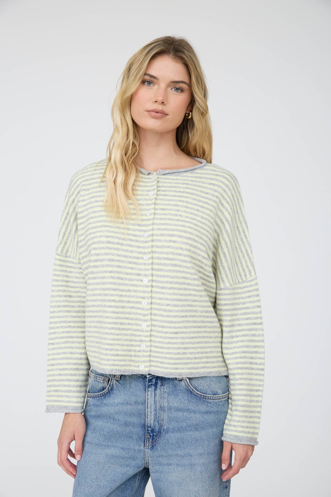 BP Stripe Raw Edge Drop Shoulder Knit Cardigan