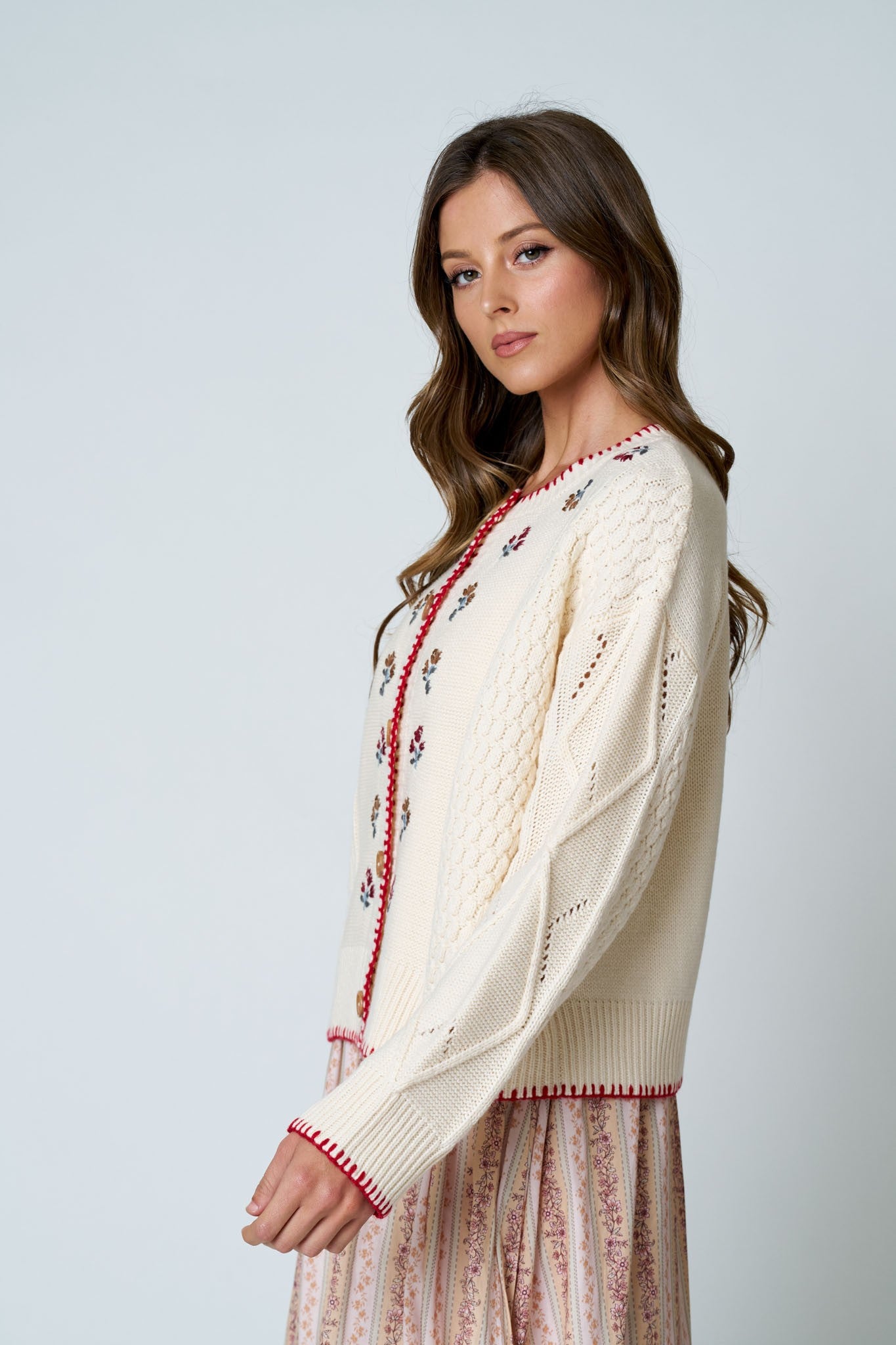 BP Floral Embroidery Contrast Stitch Knit Cardigan