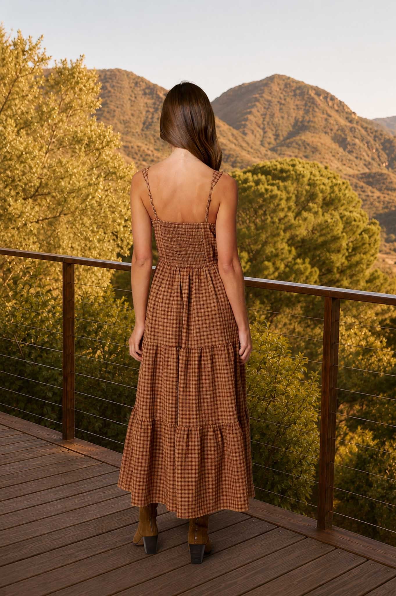 BP Plaid Corset Detail Front Tie Tiered Midi Dress