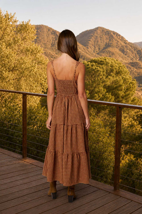 BP Plaid Corset Detail Front Tie Tiered Midi Dress