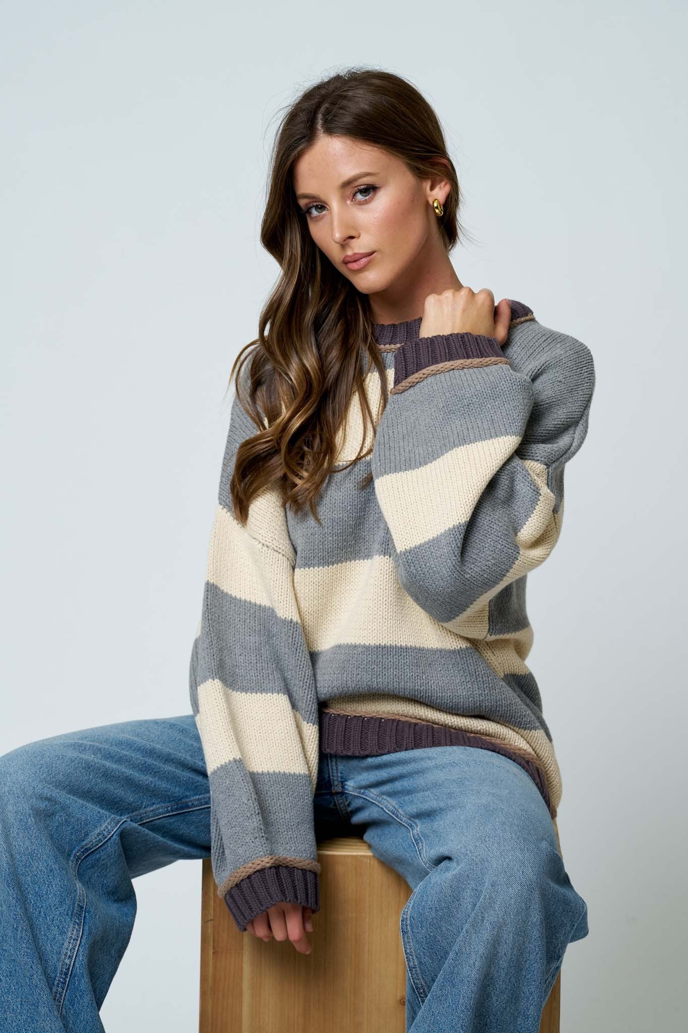 BP Oversized Stripe Crew Neck LS Sweater