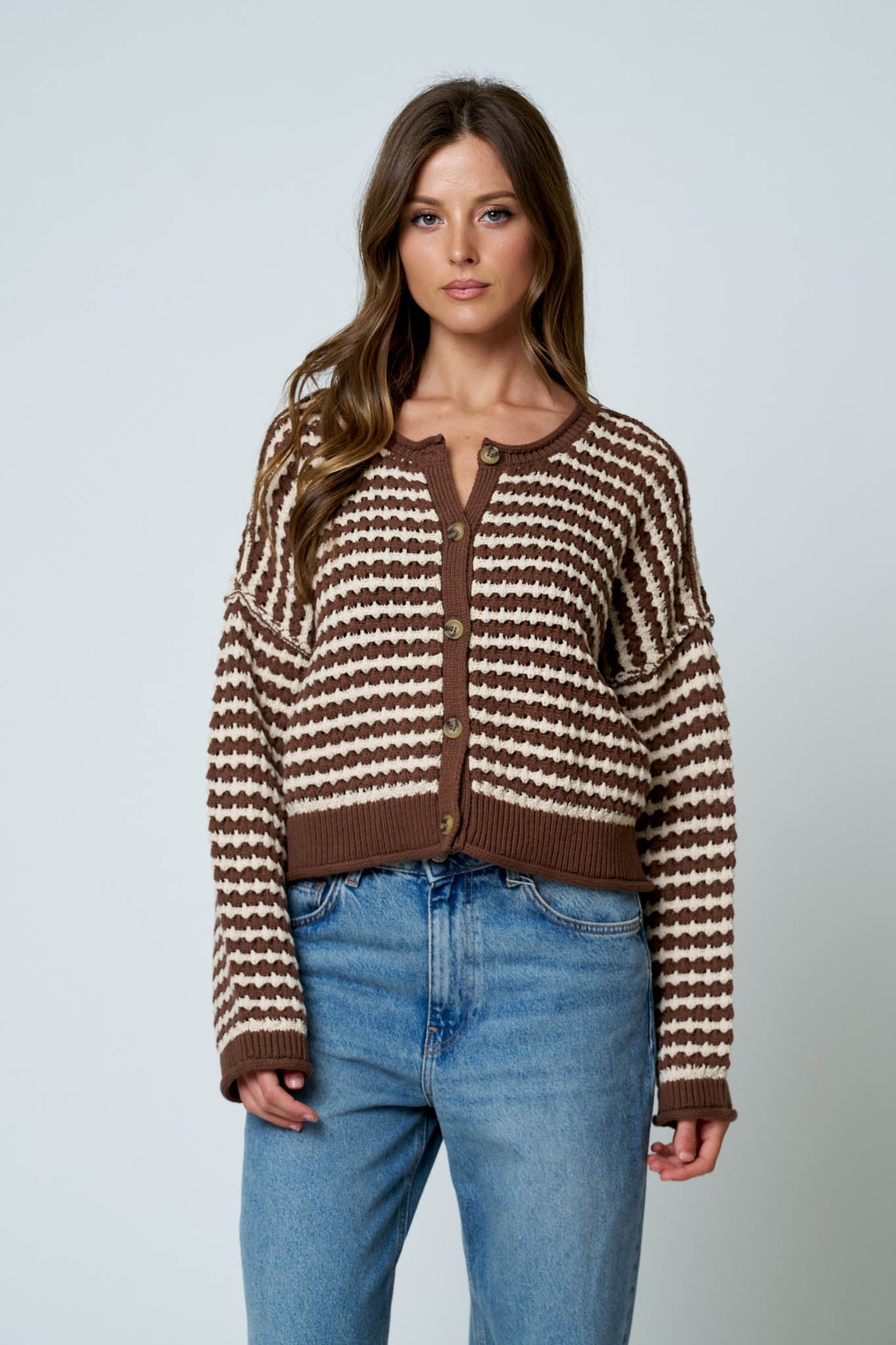 BP Crochet Stripe Knit Down Cardigan