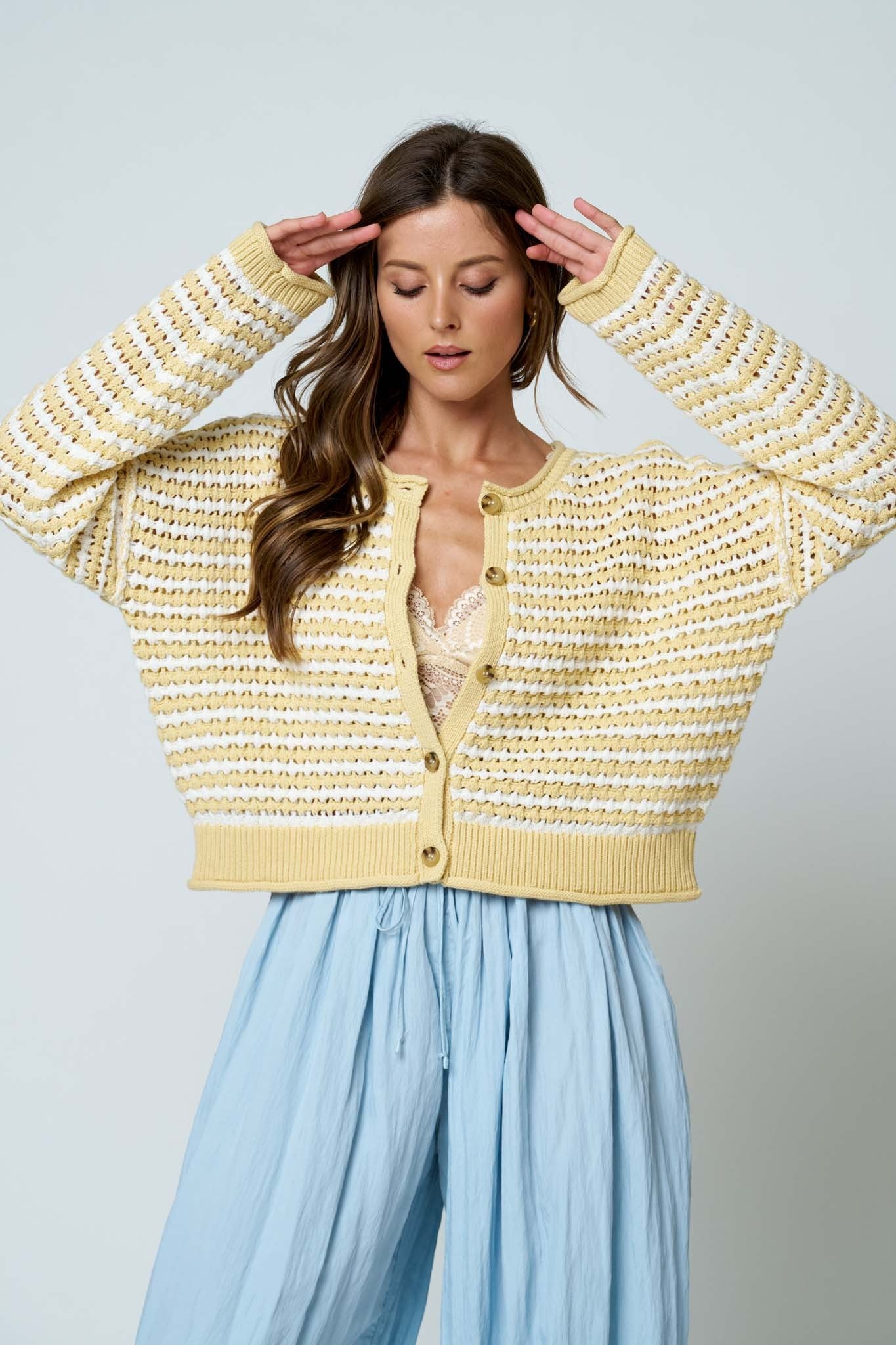 BP Crochet Stripe Knit Down Cardigan