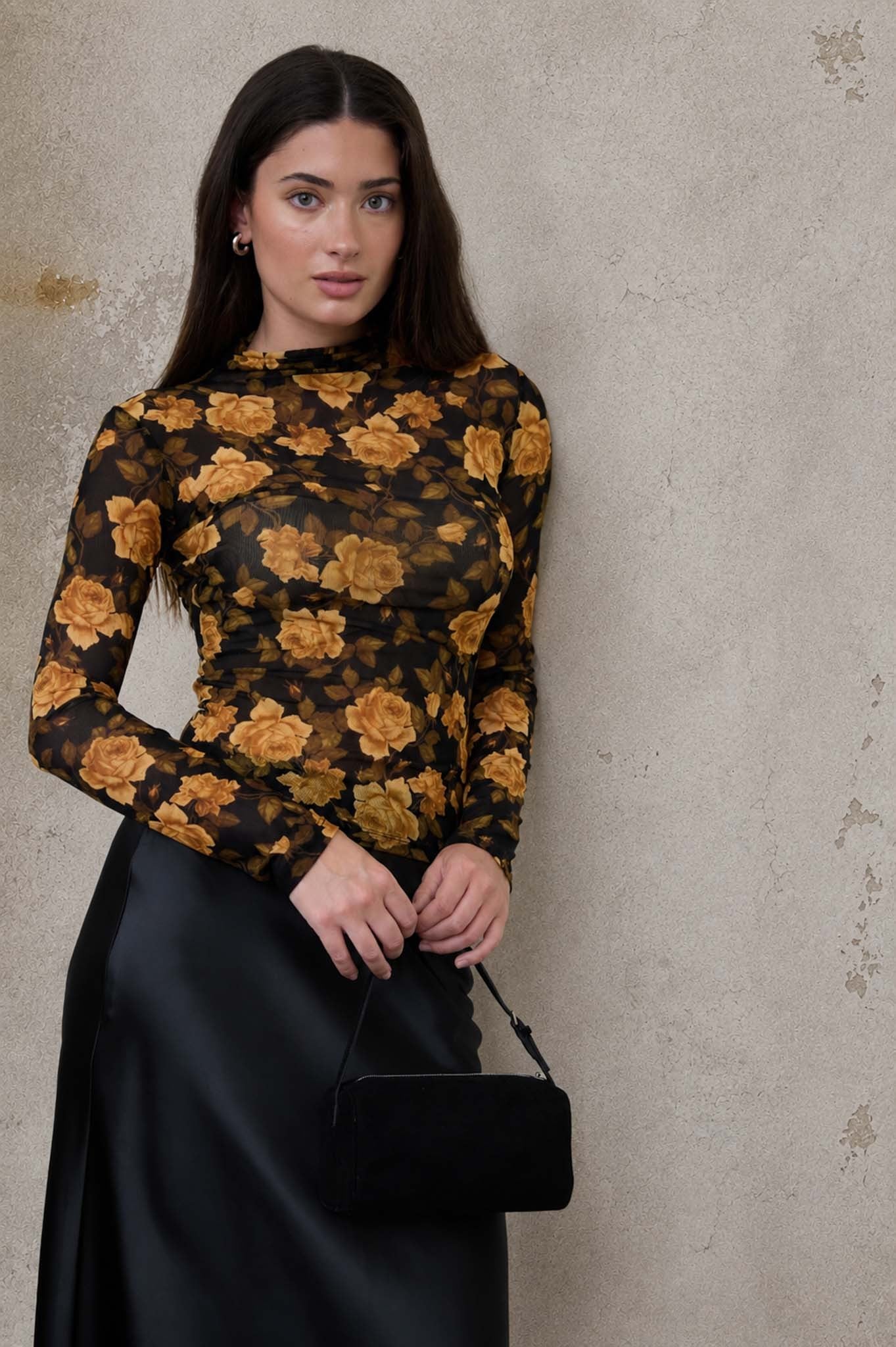 BP Floral Mesh Mock Neck LS Top