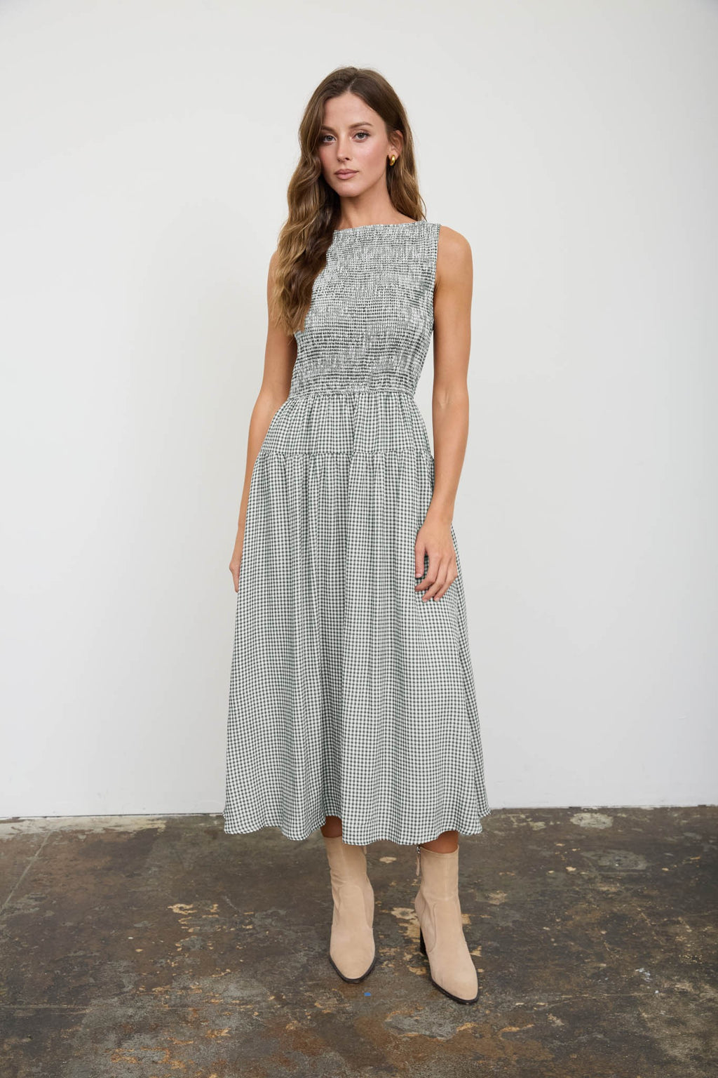 BP Gingham Tiered Midi Dress