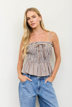 Load image into Gallery viewer, BP Smocked Gingham Lace Trim Peplum Spaghetti Top