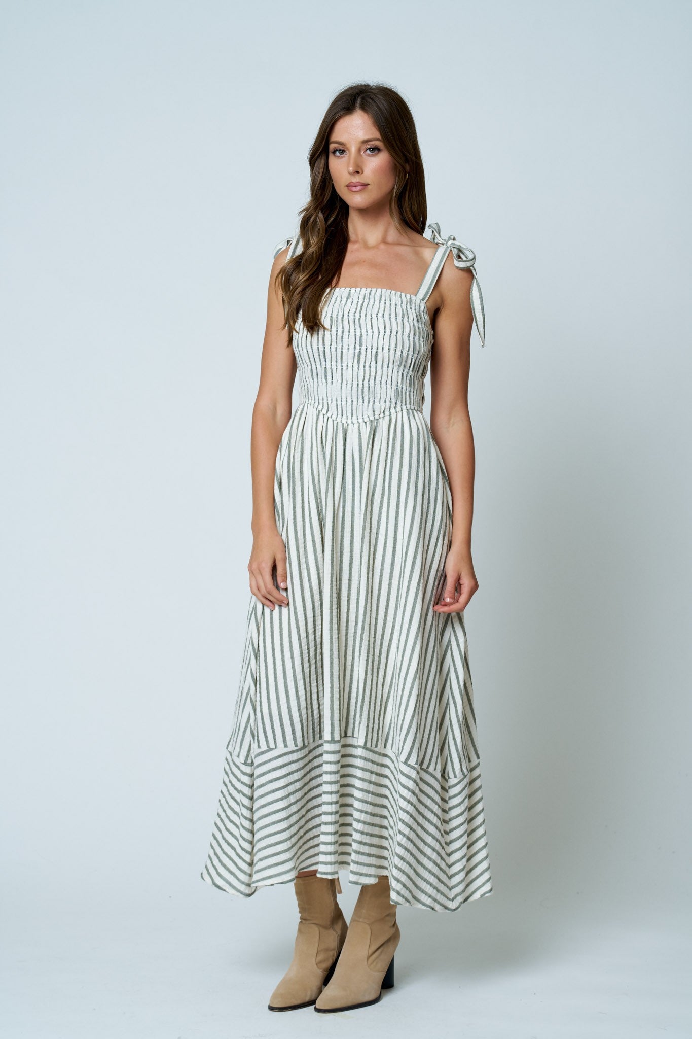 BP Stripe Smocked Tie Strap Maxi Dress