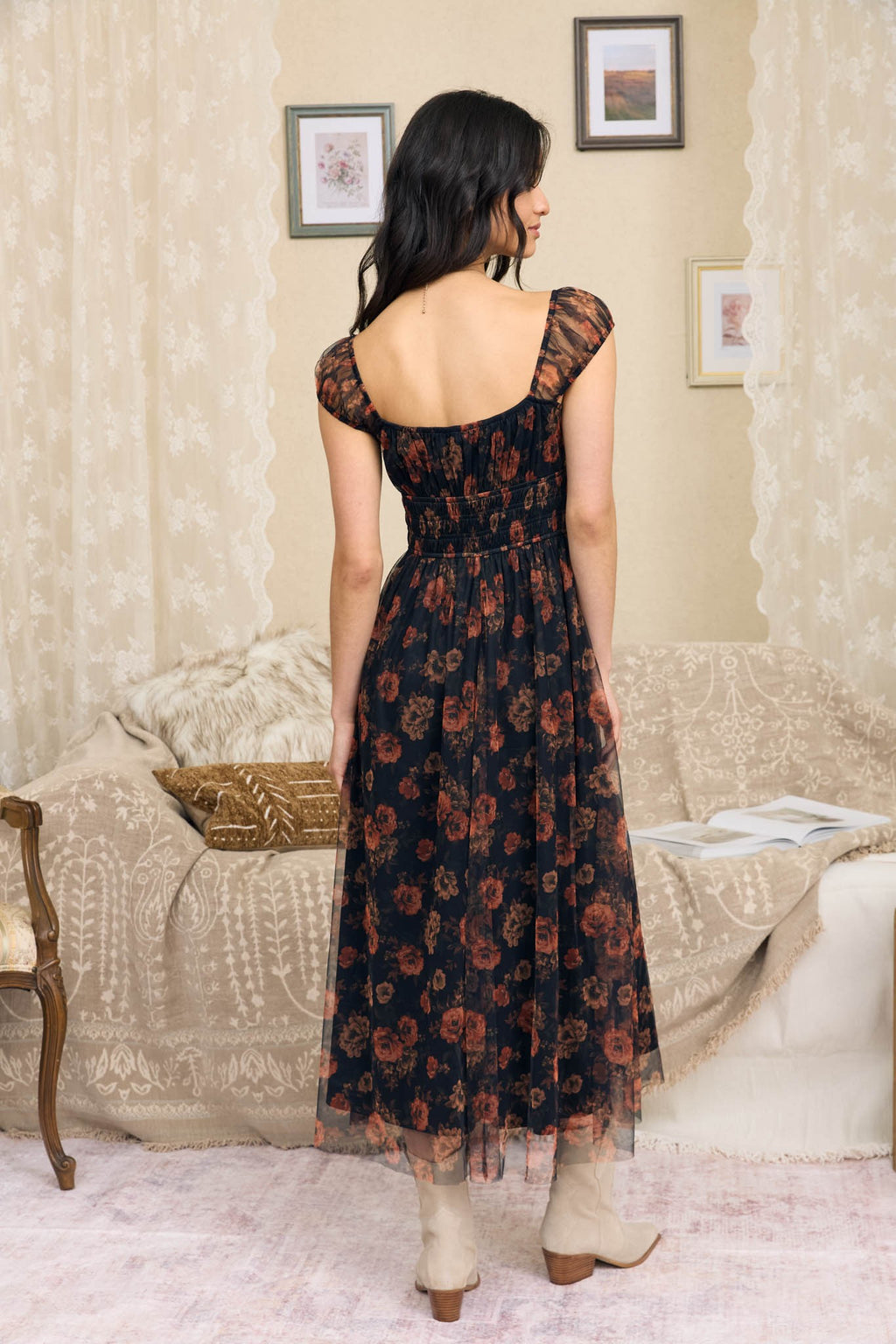 BP Floral Organza Shirred Midi Dress