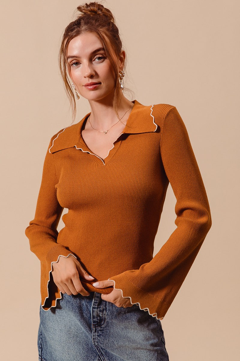 SM Scalloped Edge Ribbed Long Sleeve