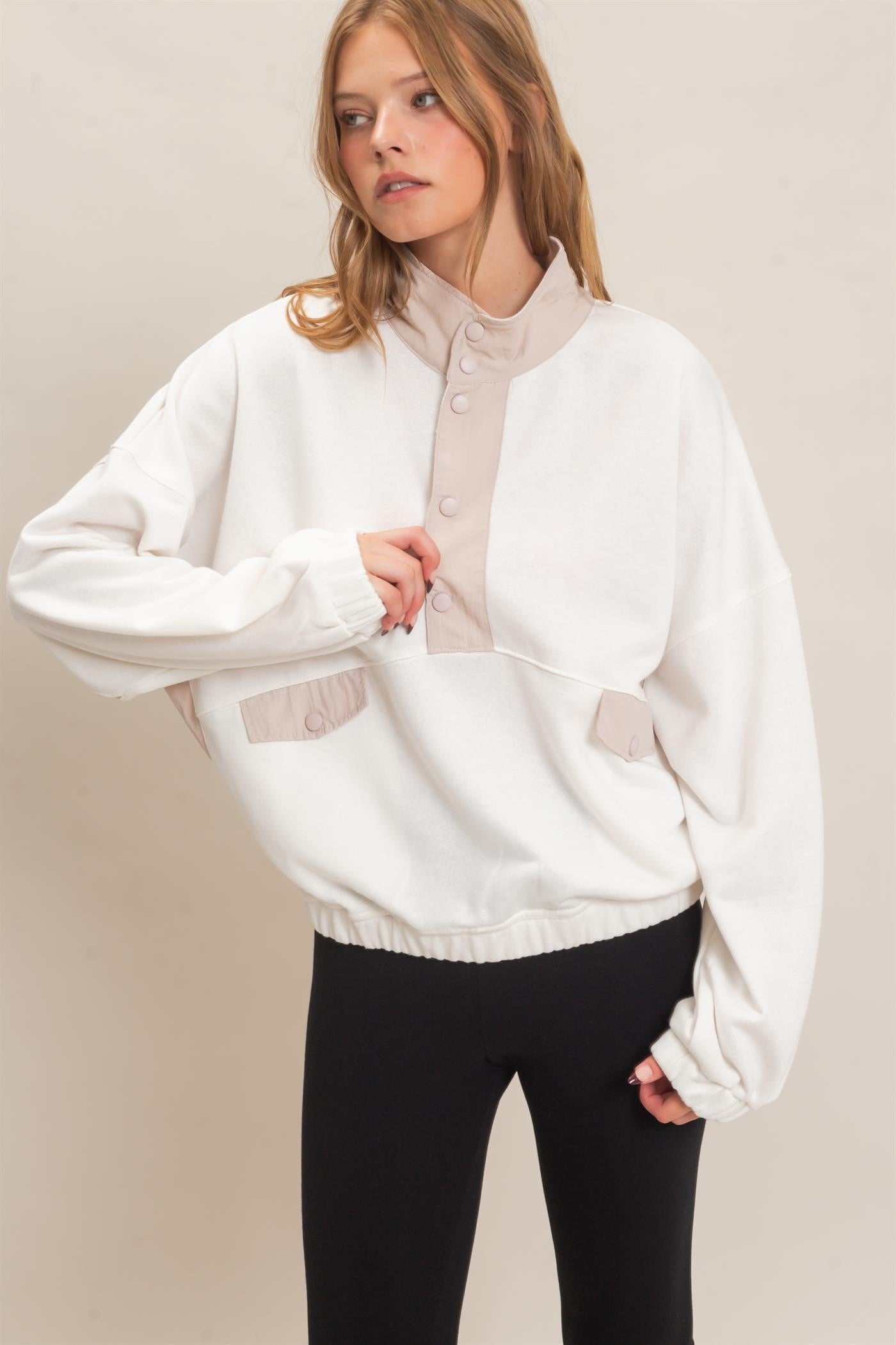 HF Contrast Button Collar Top