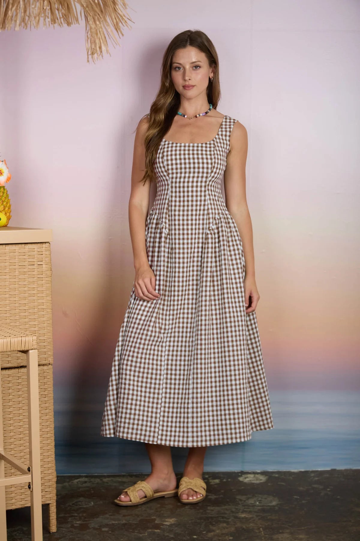 BP Plaid Basque Waist Midi Dress Brown / L BP Plaid Basque Waist Midi Dress Brown / L