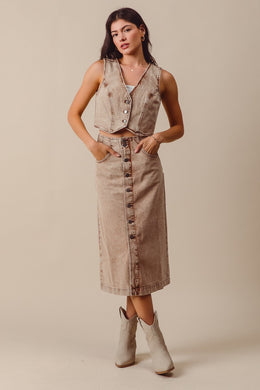 SM Washed Denim Long Skirt/Vest Set