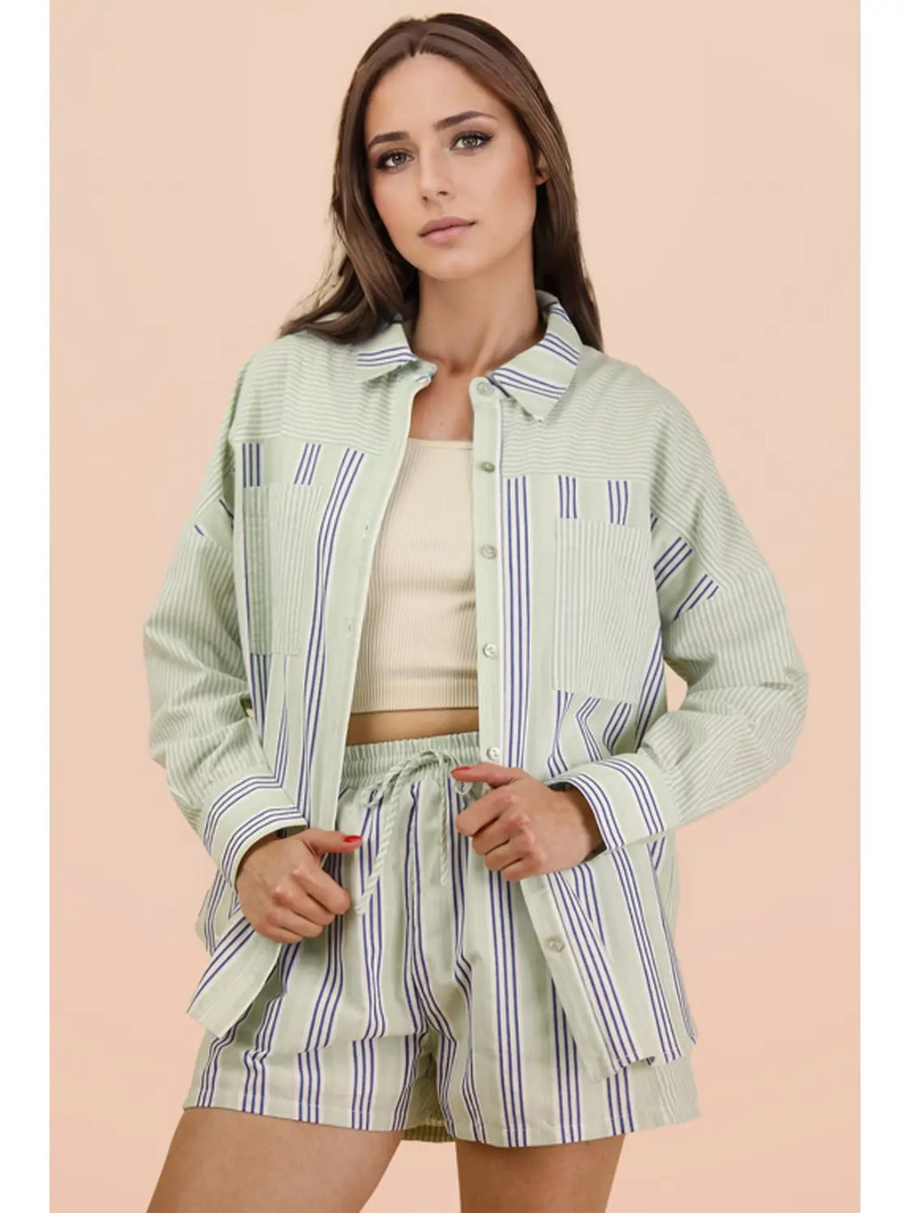 VJ Stripe Woven Top & Shorts Set