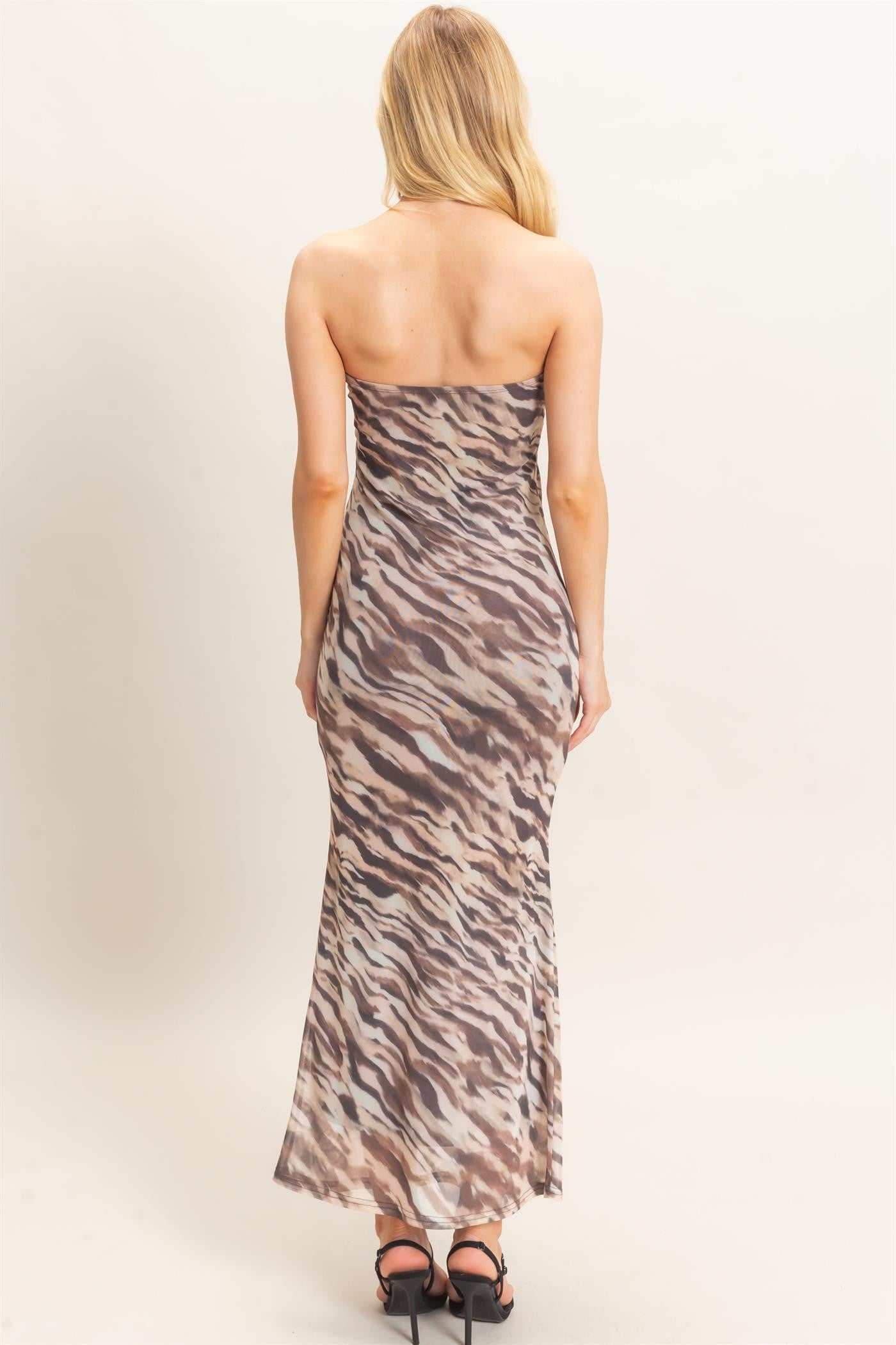 HF Strapless Printed Mesh Maxi Dress