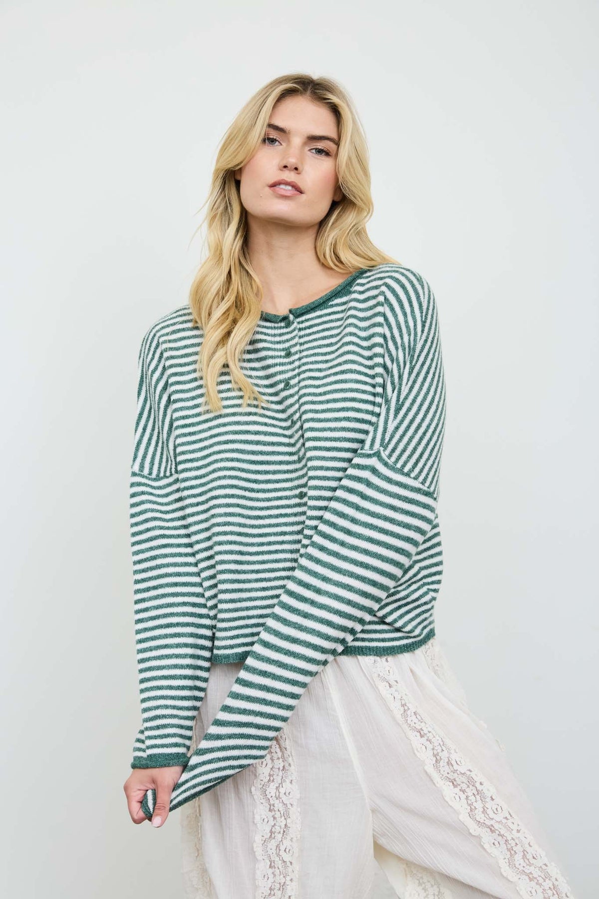 BP Stripe Raw Edge Drop Shoulder Knit Cardigan