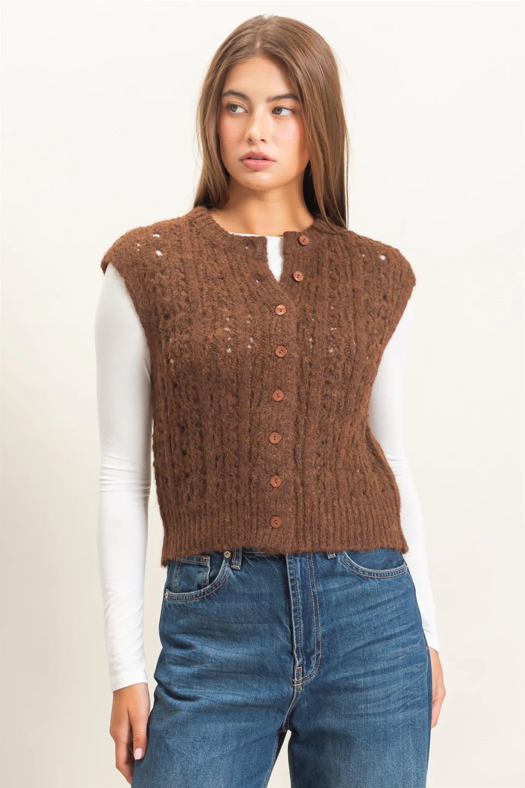 HF Open Knit Button Front Sweater Vest