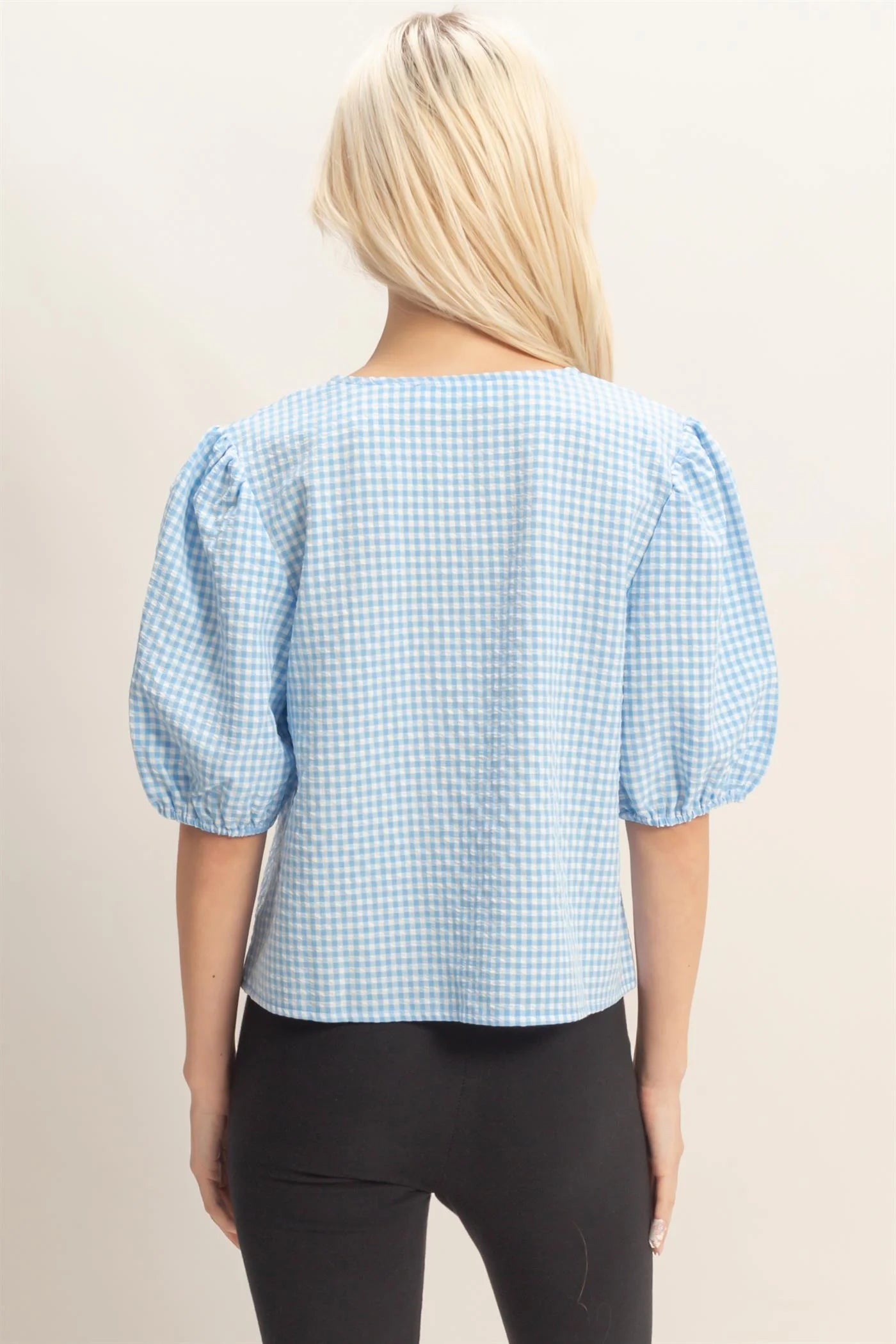 HF Gingham Bow Tie Puff Sleeve Blouse