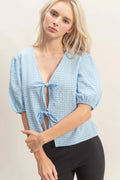 HF Gingham Bow Tie Puff Sleeve Blouse