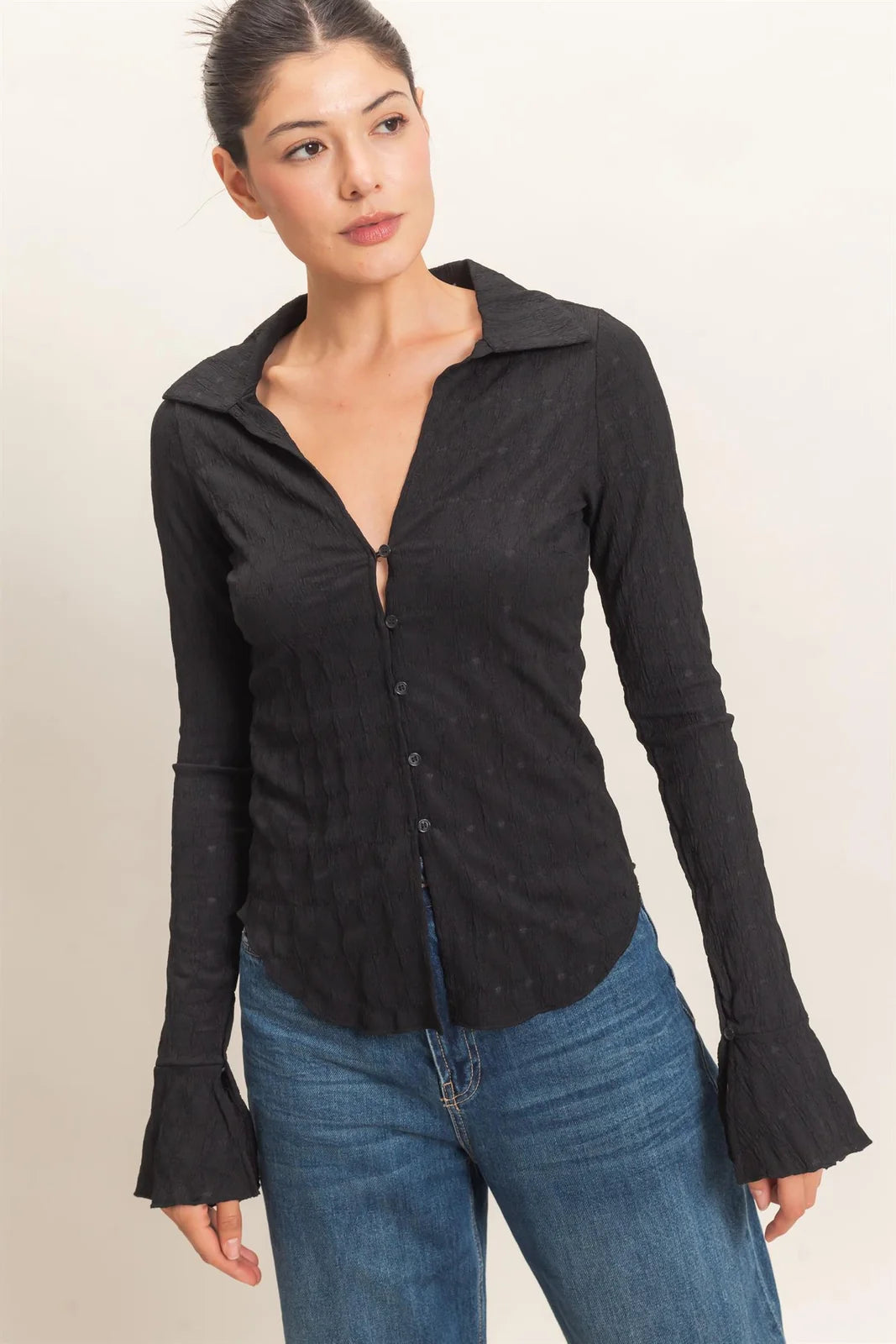 HF Textured Button-Up Collared Top