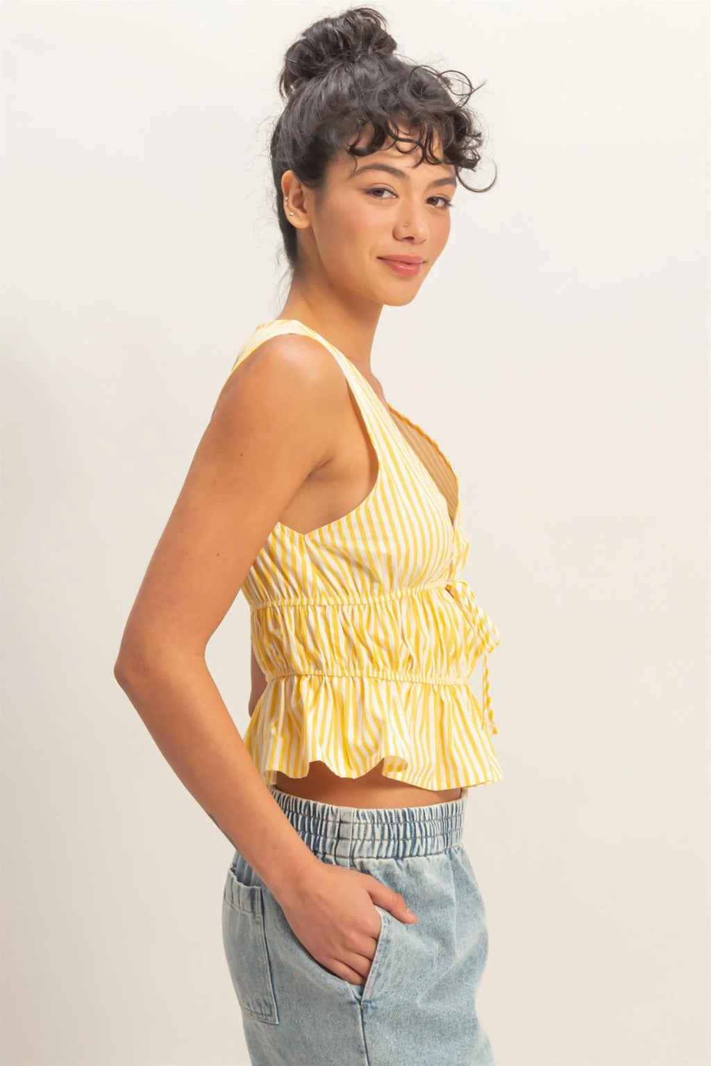 HF Striped Tie Front Peplum Sleeveless Top