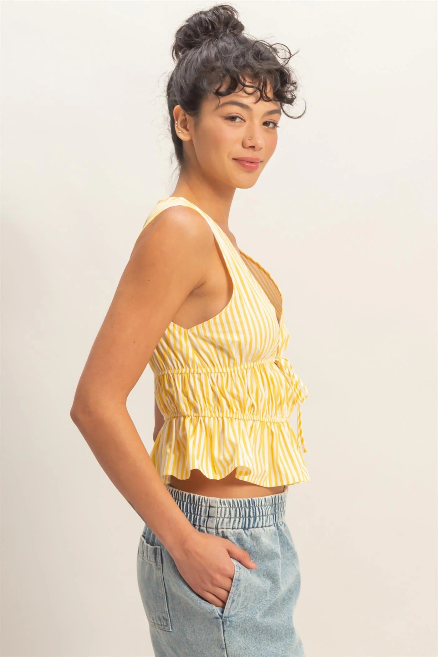 HF Striped Tie Front Peplum Sleeveless Top