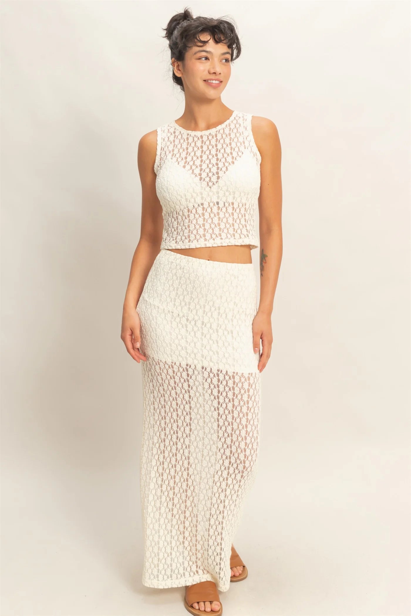 HF Round Neck Lace Top/Skirt SET