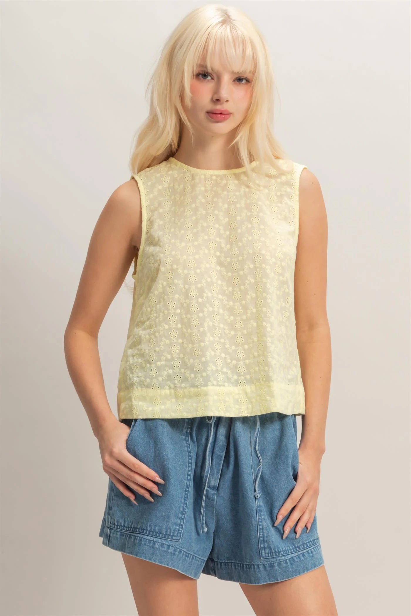 HF Eyelet Sleeveless Top W/ Back Button