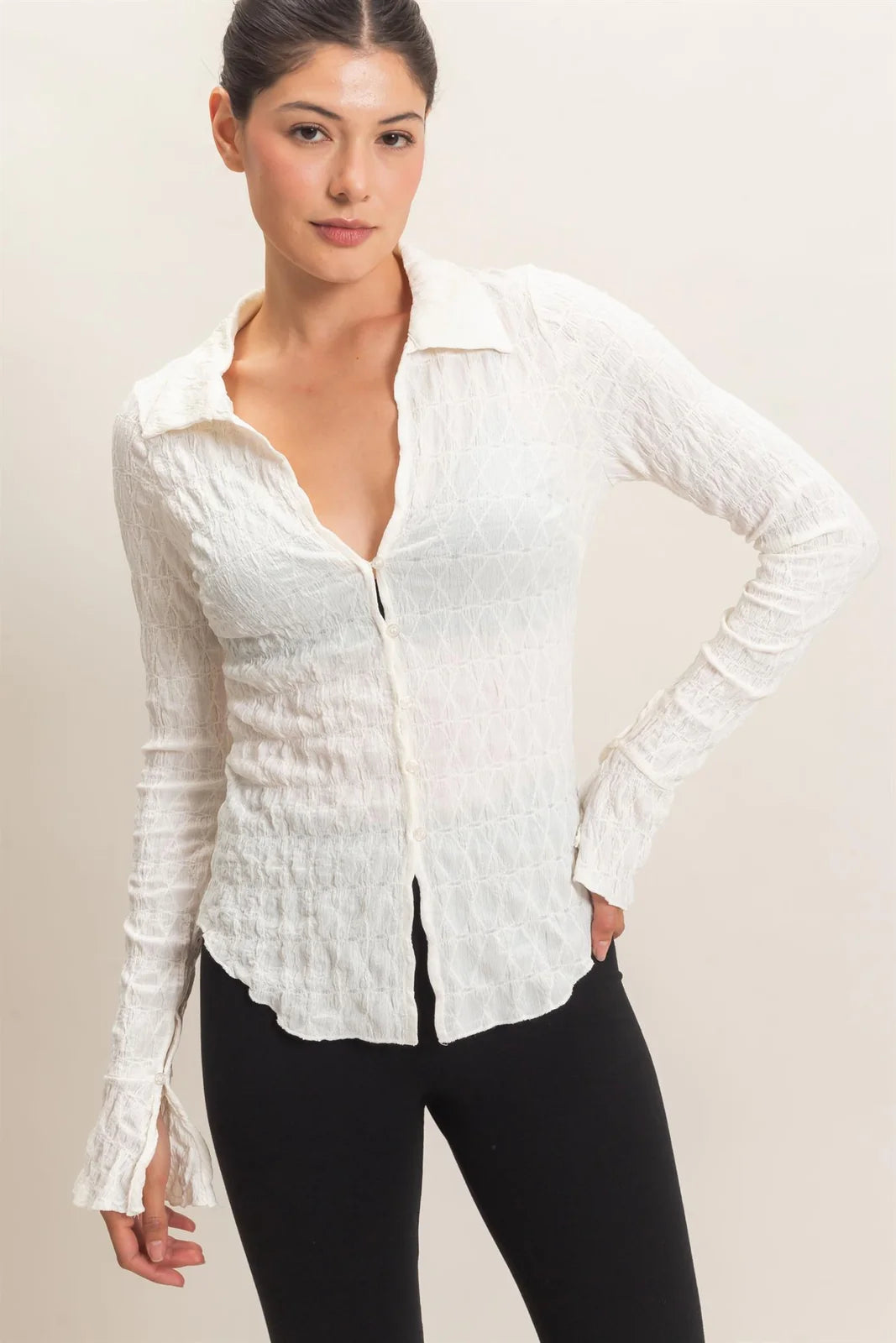 HF Textured Button-Up Collared Top