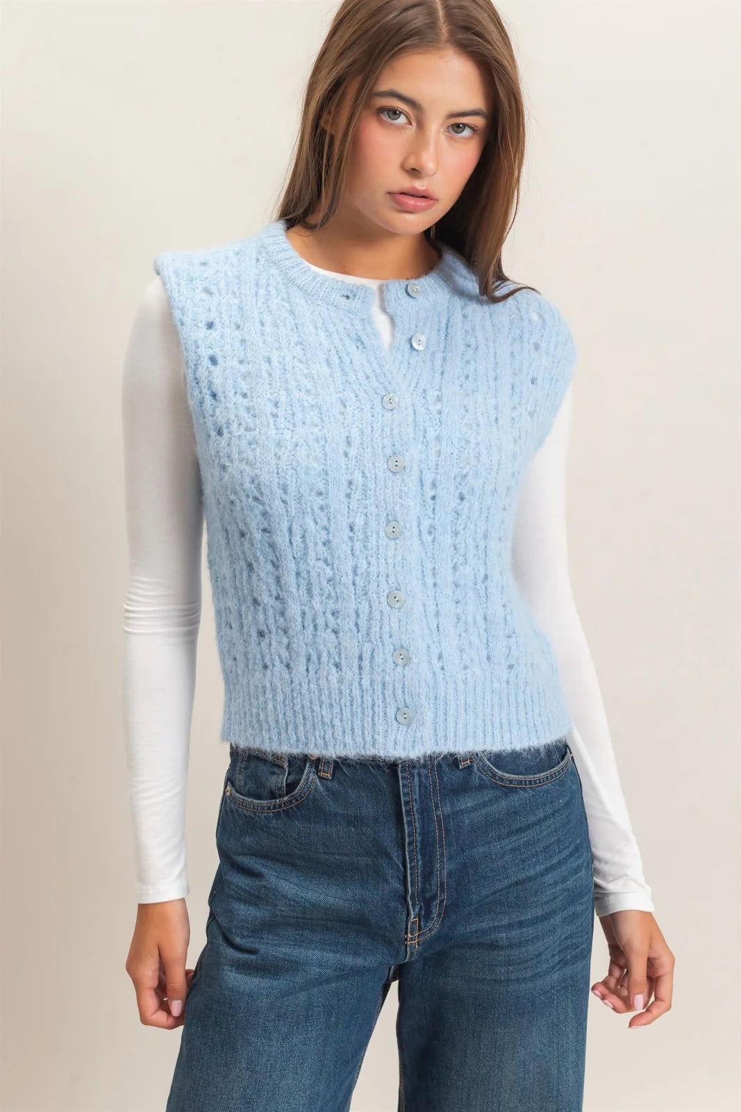 HF Open Knit Button Front Sweater Vest