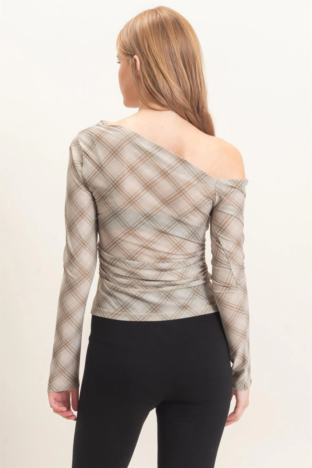 HF Asymmetrical Plaid Off Shoulder Top