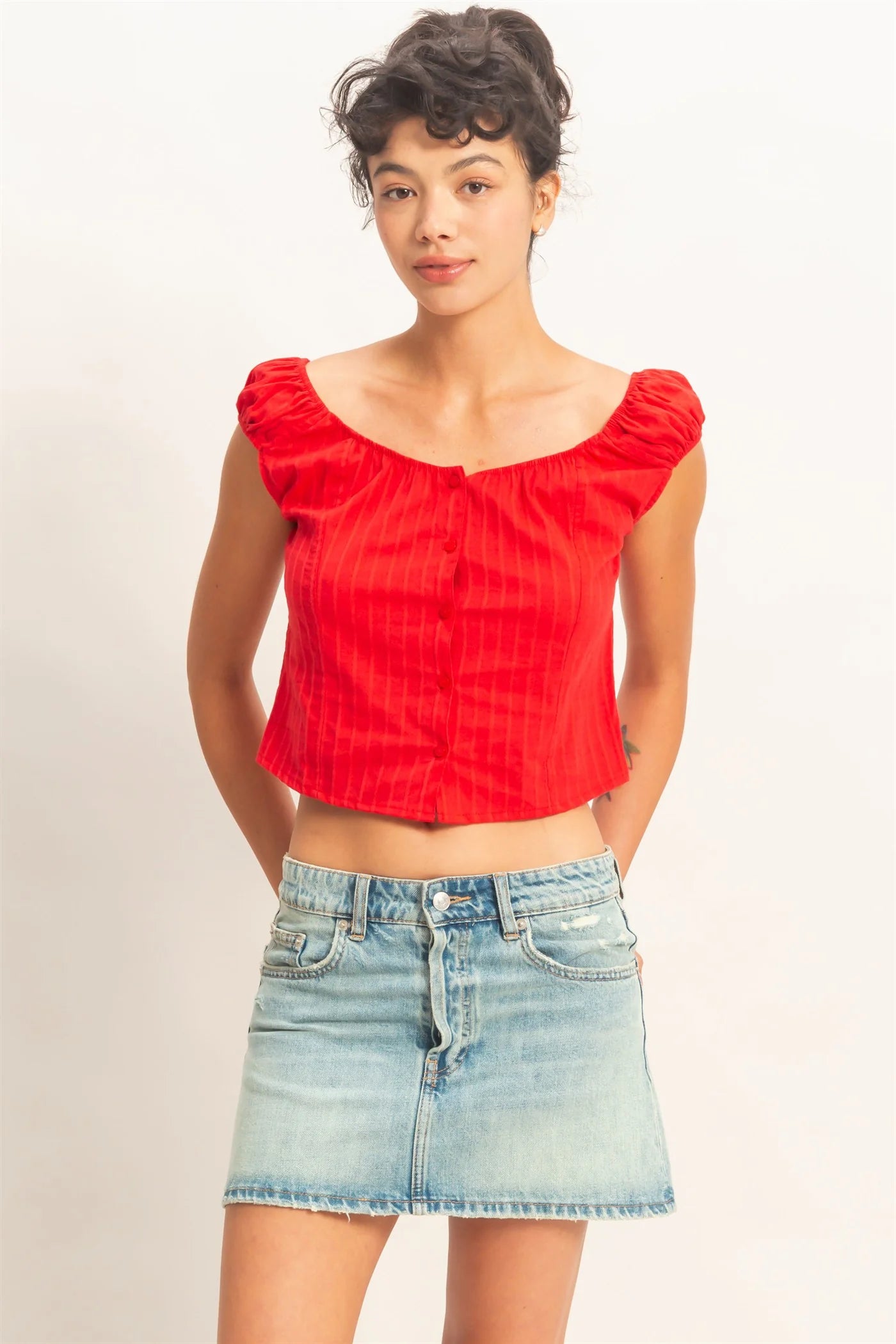 HF Button Front Scoop Neck Cap Sleeve Top