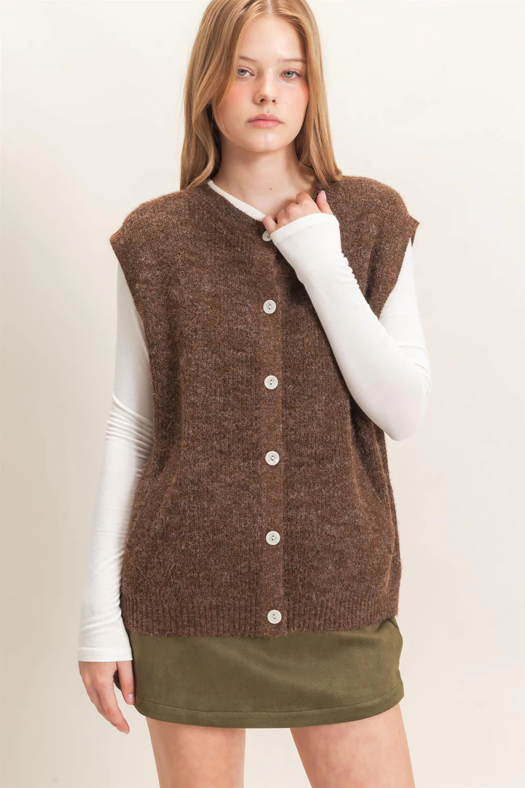 HF Sleeveless Button-Up Sweater Vest