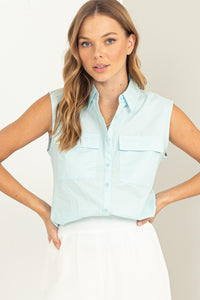 Pocket Front Button Sleeveless Blouse