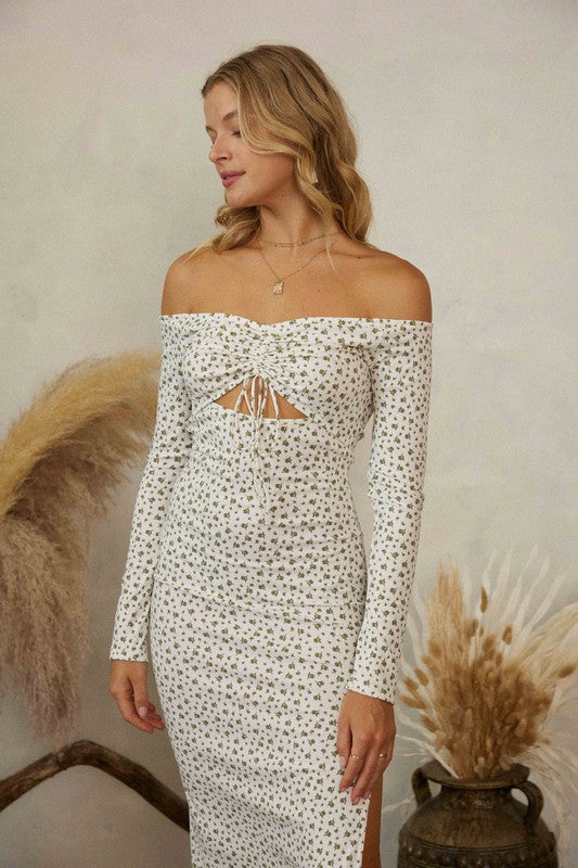 Ivory Green Floral Ribbed Dress