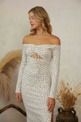 Ivory Green Floral Ribbed Dress