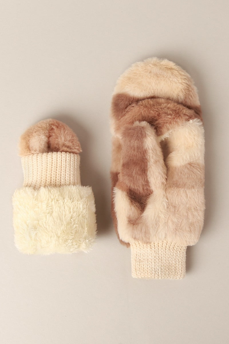 Brown Plaid Fur Mittens